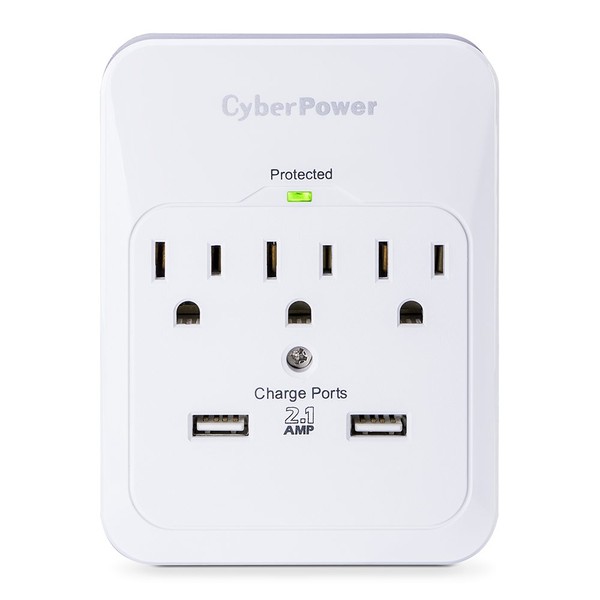CyberPower CSP300WUR1 Professional Surge Protector, 600J/125V, 3 Outlets, 2 USB Charge Ports (2.1 Amps Shared) Wall Tap Plug