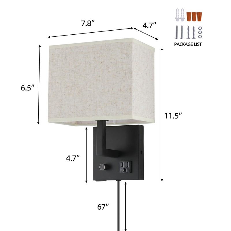 wkeessee Bedside Wall Mount Light with Outlet and Dimmable Switch,