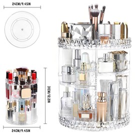 3 Tiers Rotating Makeup Organizer, with Compartment 360 Degree Cosmetics Organiser, Spinning Make up Stand, Clear Skincare Makeup Carousel for Vanity Cabinets Pantry Fridge Countertops Kitchen