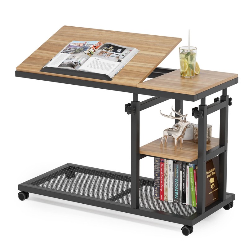 Tribesigns Height Adjustable C Table with Wheels, Mobile Couch Snack