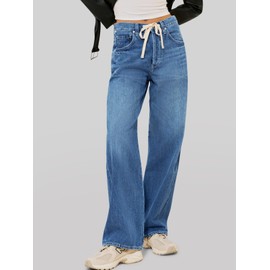 Cicy Bell Womens Wide Leg Jeans Drawstring High Waisted Baggy Straight Leg Jeans Trendy Boyfriends Denim Pants with Pockets Blue