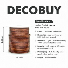 DecoBuy - Cuerda redonda de piel, 3 mm, 11 yardas, rojo café envejecido, para manualidades y joyería