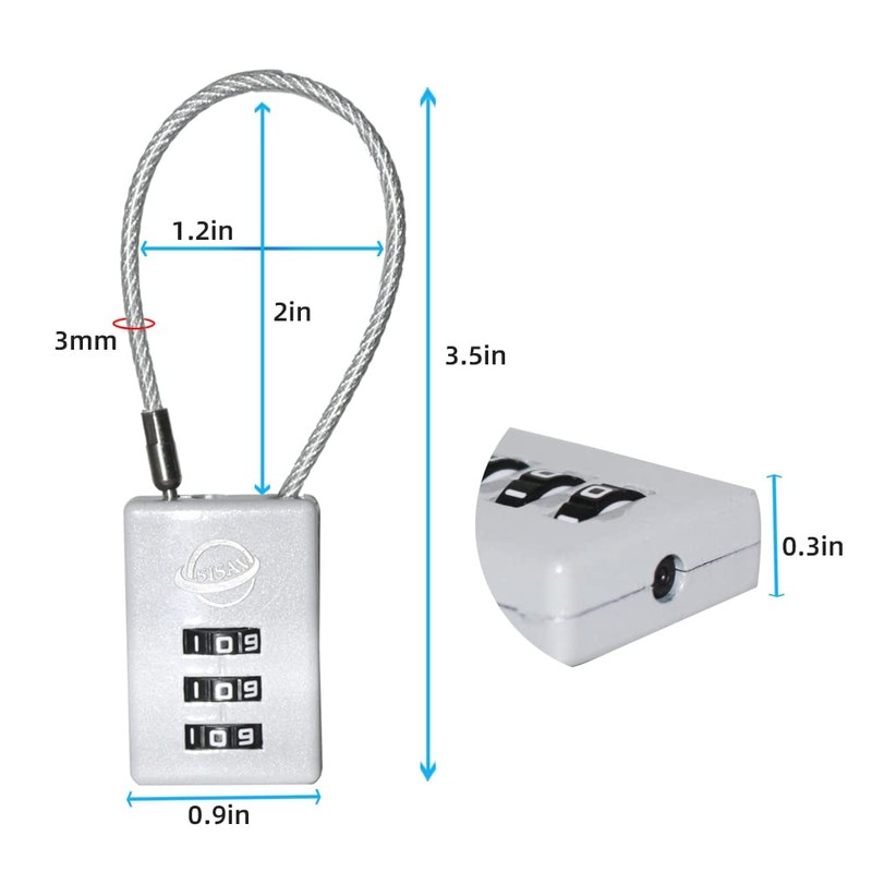 SISAV 3 Digit Cable Combination Lock 5 inches Cable for