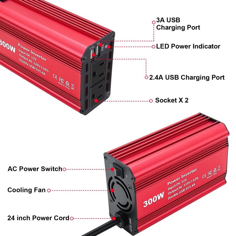 300W Power Inverter DC 12V to 110V AC – High-Performance