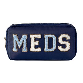 Bolsa MEDS personalizada de felpilla con parche de letras, bonita bolsa de nailon para medicamentos para medicamentos y maquillaje con cremallera, bolsa organizadora de vitaminas de preparación para mujeres y niñas (04 azul marino)