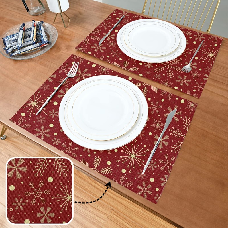 Christmas Snowflakes Placemats on Dark Red Placemats for Dining Tables,