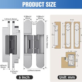 Eegoowa 6" Hidden Door Hinge,Invisible Door,Hidden Door Hinges for Secret Door 3-Way Adjustable Butt 6 x 2.5 x 1 (2PCS) (Silver, 6 inches)