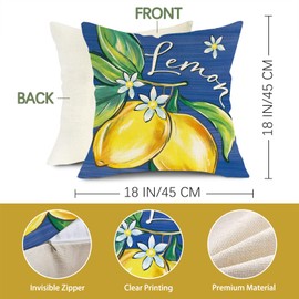 Fjfz Chinoiserie Lemon Decorative Throw Pillow Covers 18 x 18 Set of 4, Blue and White Porcelain Plaid Home Sweet Home Porch Outdoor Decor, Spring Summer Sunshine Floral Farmhouse Couch Cushion Case