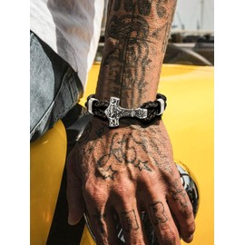 Viking Bracelets for Men, Vintage Thors Hammer Mjolnir Leather Cord Bracelet - 23cm Cool Black Norse Bracelets for Fathers Day Valentines