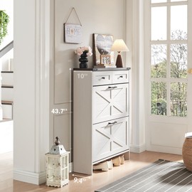Barnyatoh Shoe Cabinet Storage for Entryway, Farmhouse Hidden Shoe Organizer with 2 Flip Drawers & 2 Drawers,Narrow Shoe Rack for Front Door Entrance with Adjustable Shelves (Antique White)