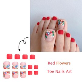 Press on Toenails Short, Spring Summer Red Flower in Red Gel Glue on Toe Nails, Glossy Toe Nails Reusable Finish Fake Nails Acrylic False Nails Manicure Kits for Women