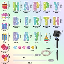Vivantia 25 Pieces Happy Birthday Yard Signs with 23ft Solar LED Light Outdoor Birthday Lawn Signs with Stakes Letters Balloons Birthday Lawn Decoration for Birthday Supplies, Light Glitter Rainbow