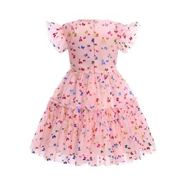 FYMNSI Kids Girls Flower Girl Dress Toddler Princess Reflective Butterfly Ruffle Mesh Layered Tulle Tutu Summer Causal Formal Dresses Birthday Party Christmas Pageant Wedding Ball Gowns Pink 4-5T