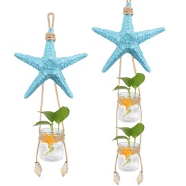 Meching Wall Hanging Planter Glass Set of 2, Nautical Beach Decor Plant Propagation Vase With Resin Starfish, Indoor Mediterranean Style Home Decor