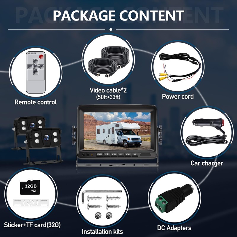 VEKOOTO Dual RV Backup Camera System 7-inch AHD 1080P Split