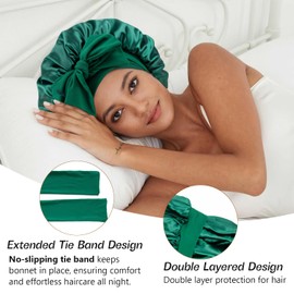 Double Layer Satin Silk Hair Bonnet for Sleeping Women Reversible Adjustable Bonnet with Tie Band for Curly Natural Braids Hair - Hunter Green
