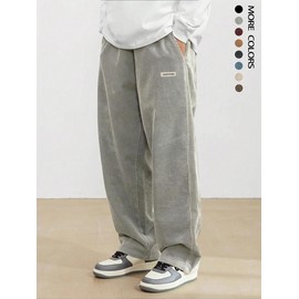 80s Men's Loose Letter Patched Drawstring Waist Straight Leg Pants, Casual Streetwear Pocket Corduroy Trousers for Daily Wear, Work Pants for Men,  Pants for Men, Fashion Men's Bottoms for All Seasons - Color: Khaki, Size: S