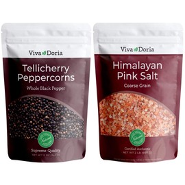 Viva Doria Tellicherry Whole Black Peppercorns, 12 oz & Himalayan Pink Salt, Coarse Grain, 2 lb | Salt and Pepper Combo, For Grinder Refills, 2 Piece Set