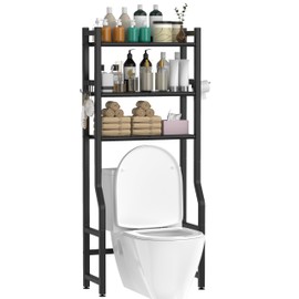 Livilord 3 Tier Over The Toilet Storage Rack with Toilet Paper Holder, Metal Freestanding Bathroom Shelves with 4 Hooks, Over Toilet Storage Shelf for Bathroom Storage, Black