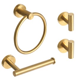 Ntipox 4 Piece Brushed Gold Stainless Steel Bathroom Hardware Set Include Hand Towel Ring, Toilet Paper Holder,and 2 Robe Towel Hooks,Bathroom Accessories Kit