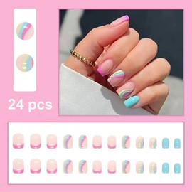 Magrace Short Press on Nails French Tip Fake nails with Designs 24 Pcs Square Stick on Nails for Women (A-6)