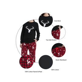 GLOBAL Women's Pajama Set 100% Cotton Flannel Plaid Pants Crew Neck Top Warm Pjs Elastic High Waist Sleepwear Loungewear