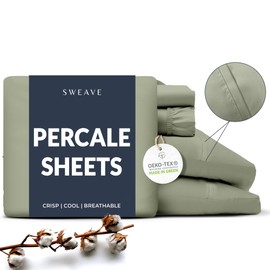 Sweave 100% Cotton Percale Sheets Full Size - Cool & Crisp Hotel Feeling, Breathable, Softer After Each Wash, Fitted Sheets with Deep Pockets, Double-Elastic & Corner Straps, Z-Hem Luxury Stitching