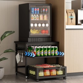 DDJ Mini Fridge Stand with Storage, 20.8x20.8in Heavy Duty Mini Fridge Table with Pull-out Shelf and Lockable Wheels, Compact Refrigerator Stand with Drawer Basket for Home Office, Black