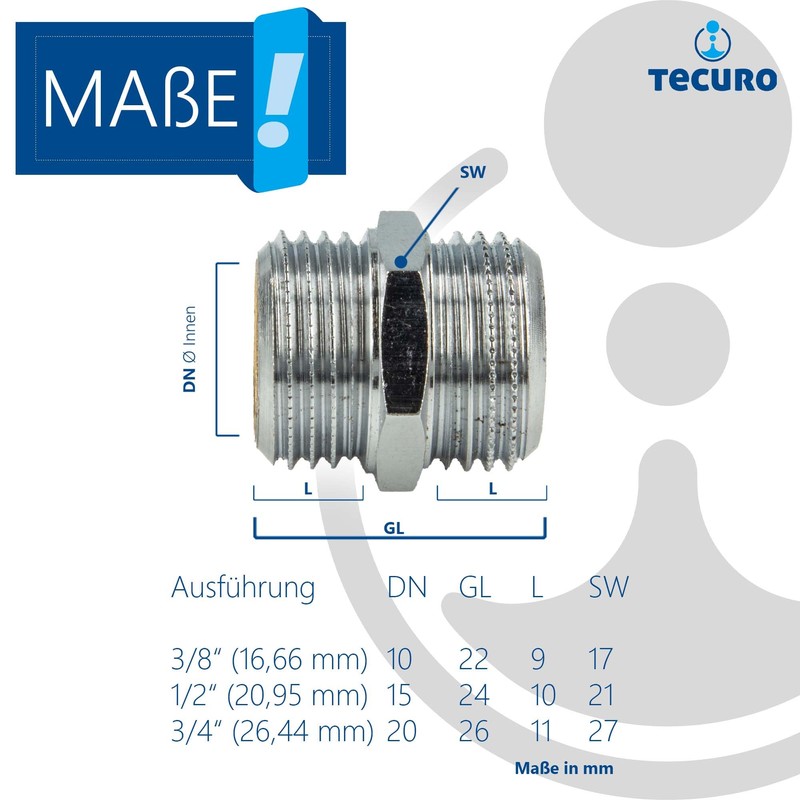 tecuro Double Nipple, Male Thread G 1/2 Inch (DN 15),
