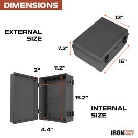 Iron Forge Cable Waterproof Junction Box Extra Large, Outdoor Electrical Enclosure with Complete Accessories, ABS Plastic Project Boxes Weatherproof Hinged Black Panel Cover IP65, 16" x 12" x 7.2" in