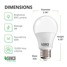 Sunco 12 Pack LED Light Bulbs 9W Equivalent 60W E26 Base, 5000K Daylight, A19 LED Lamp Bulb for Bedroom, Refrigerator, 850 LM, Frosted, Super Bright, Indoor, Non-Dimmable – UL