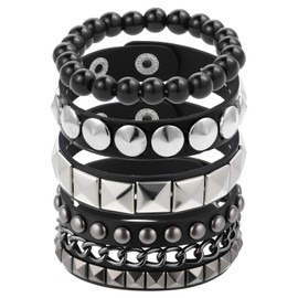 Punk Rock Leather Bracelets, 4 Pcs Black Leather Studded Punk Bracelet for Men Women Spiked Leathers Cuff Bracelet Gothic Spike Bracelets Adjustable Rivets Wristband Cuff for Halloween Party