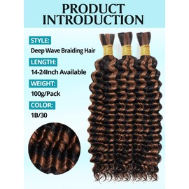 Ombre Brown Human Braiding Hair for Boho Braids 100g 3 Bundles/Pack 14 Inch Curly Boho Hair for Braiding Knotless 12A Deep Wave Bulk Bohemian Color P1B/30