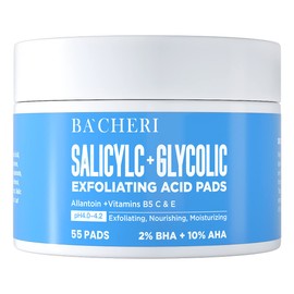 10% Glycolic Acid + 2% Salicylic Acid Peel Pads - BACHERI Resurfacing Pads For Face with Vitamins B5, C & E, Allantoin - Exfoliating Facial Peel for Dark Spots, Blackhead, Acne, 55 Pcs