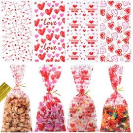 50 Pack Valentine's Day Cellophane Bags with 50 Pcs Twist Ties Red Heart Cello Bags Sweet Goodie Candy Treat Bags Party Favor Bags for Wedding Anniversary Supplies