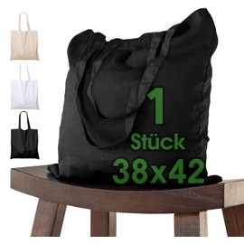 ELES VIDA® Cotton Bag 38 x 42 cm Premium – Oeko-Tex® Certified – Unprinted, High-Quality Fabric Bag, Tote Bag, Cotton Bag, Shopping Bag, Jute Bag, Fabric Bag, Reusable Bag, Black | 1 Bag