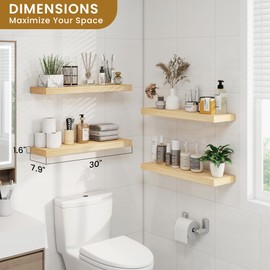 RICHFOCUS Rustic Wooden Floating Shelves for Wall - 30 Inch Wood Wall Shelves Set of 2-7.9 Inch Deep Solid Paulownia Wood Wall Mounted Shelves with Upgraded Metal Brackets for Room Decor, Natural