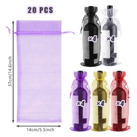 SYEYCW Pack of 20 Organza Wine Bags, Colourful Organza Wine Bags, 37 × 14 cm Transparent Wine Gift Bags with Drawstring for Wine, Champagne, Wedding, Wine Tasting, Christmas, Party, 5 Colours, Black,
