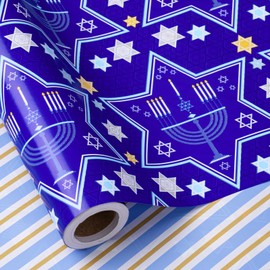RUSPEPA Reversible Hanukkah Wrapping Paper Roll, Mini Roll, Blue Star of David and Menorah Design, Blue Gold Diagonal Stripe Pattern Gift Wrap for Family, Friends, Xmas Hanukkah, 17 Inches x 32.8 Feet