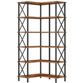 HOOBRO Corner Bookshelf, 6-Tier L-Shaped Bookcase, Industrial Open Display Shelf Tall Storage Organizer, Vertical Storage Rack, for Living Room, Home Office, Rustic Brown and Black BF61SJ01