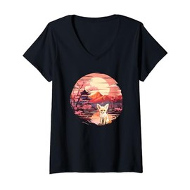 Womens Japanese Sunset Fennec Fox V-Neck T-Shirt