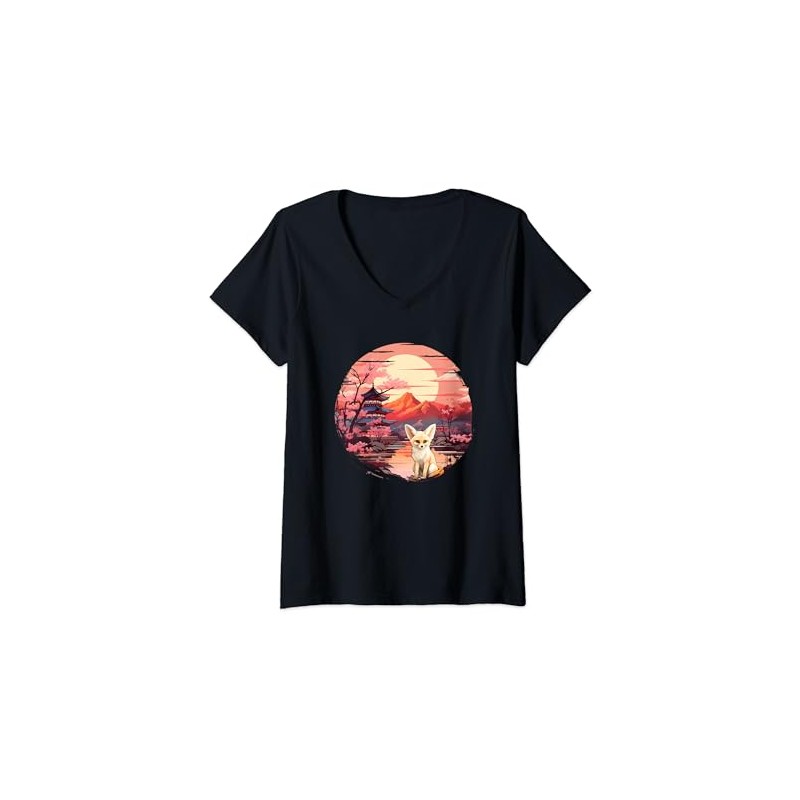 Womens Japanese Sunset Fennec Fox V-Neck T-Shirt