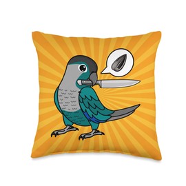 Funny Birds Gifts for Birders and Bird Breeders Knife Parrot Wants Seeds I Turquoise Green Cheek Conure Throw Pillow, 16x16, Multicolor
