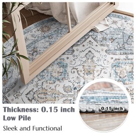 jinchan Round Rug 6ft Area Rug - Machine Washable 6'Circle Vintage Floral Non-Slip with Rubber Backing Ultra-Thin Low-Pile Carpet for Bedroom Living Room Dining Room Entryway (6'Round,Grey/Blue)