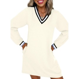 EVALESS Womens Dresses 2025 Fall V Neck Long Sleeve Casual Contrast Striped Sweatshirt Dress Spring Summer Mini Tshirt Dress Beach Vacation Clothes,Beige Medium