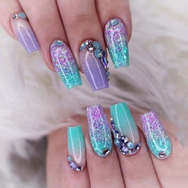 DANMANR Medium Press on Nails Rhinestones False Nails Art Full Cover Acrylic Coffin Fake Nails for Women and Girls 24PCS