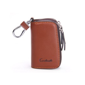 HIRAM Men's Key Case, Genuine Leather, Smart Key Case, Double Zipper, Carabiner, DIY Free, Braun