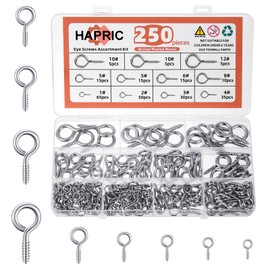 250 Pcs Eye Hook Screw, Screw Eyes 0.75"-1.75" Christmas Tree Stand Screws Eye Bolts 9 Size Heavy Duty Eyelet Screw Nickel Plated Self Tapping Screws for Picture Frame