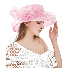 Z&X Organza Church Fascinator KY Derby Hats for Women Flower Wedding Tea Party Hat Wide Brim Sun Hat Light Pink