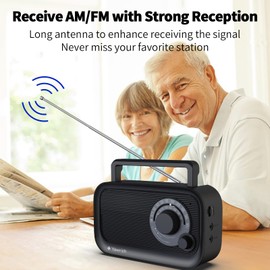 AM FM Radio with Best Reception, Bluetooth Speaker Portable Radio, DSP Plug in Wall,Battery Operated or AC Power with Headphone Jack, Large Tuning Knob for Home Kitchen Outdoor, Black